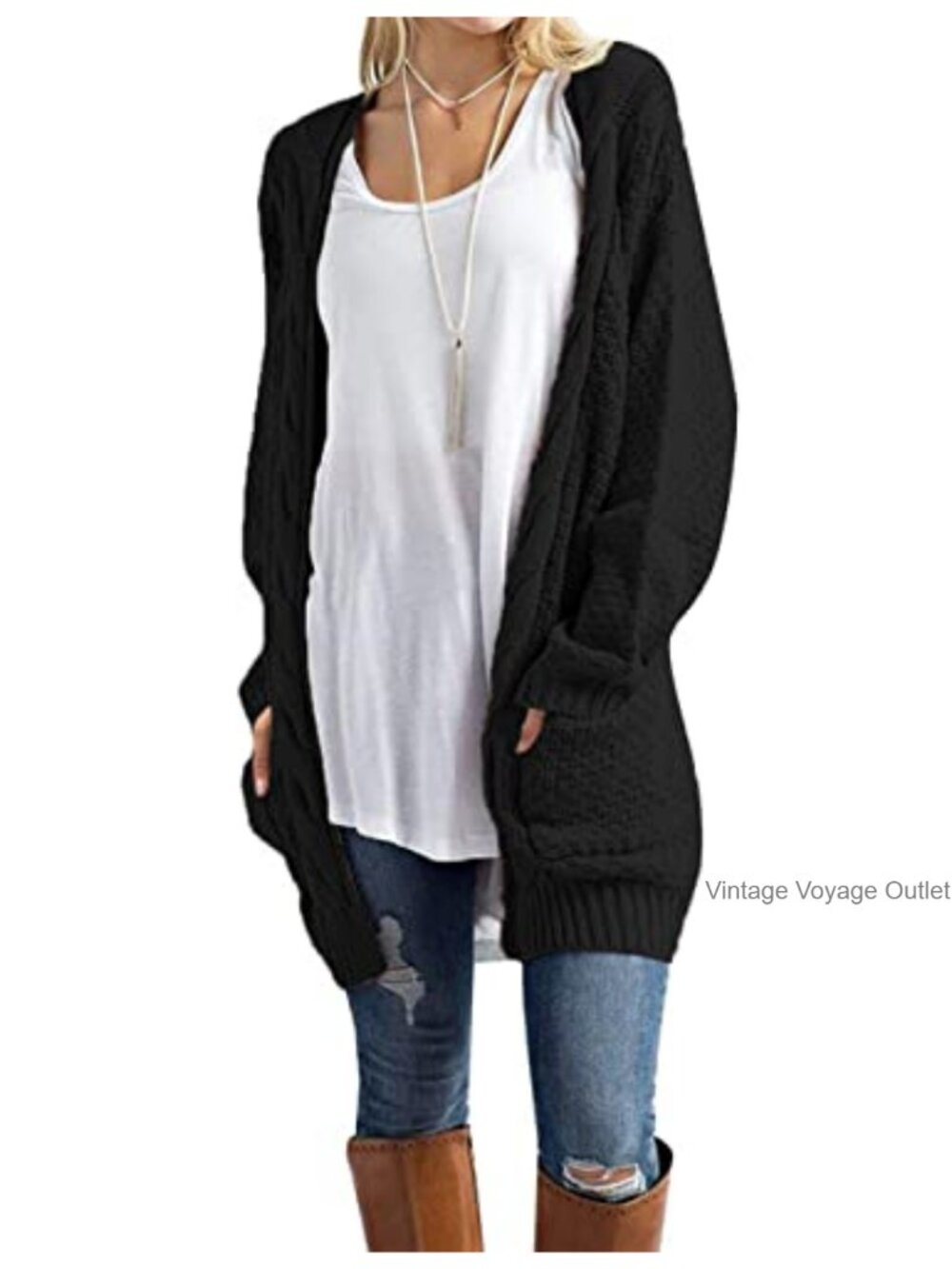 Women's Long Open Front Cardigan Lightweight Knit Sweater with Pockets